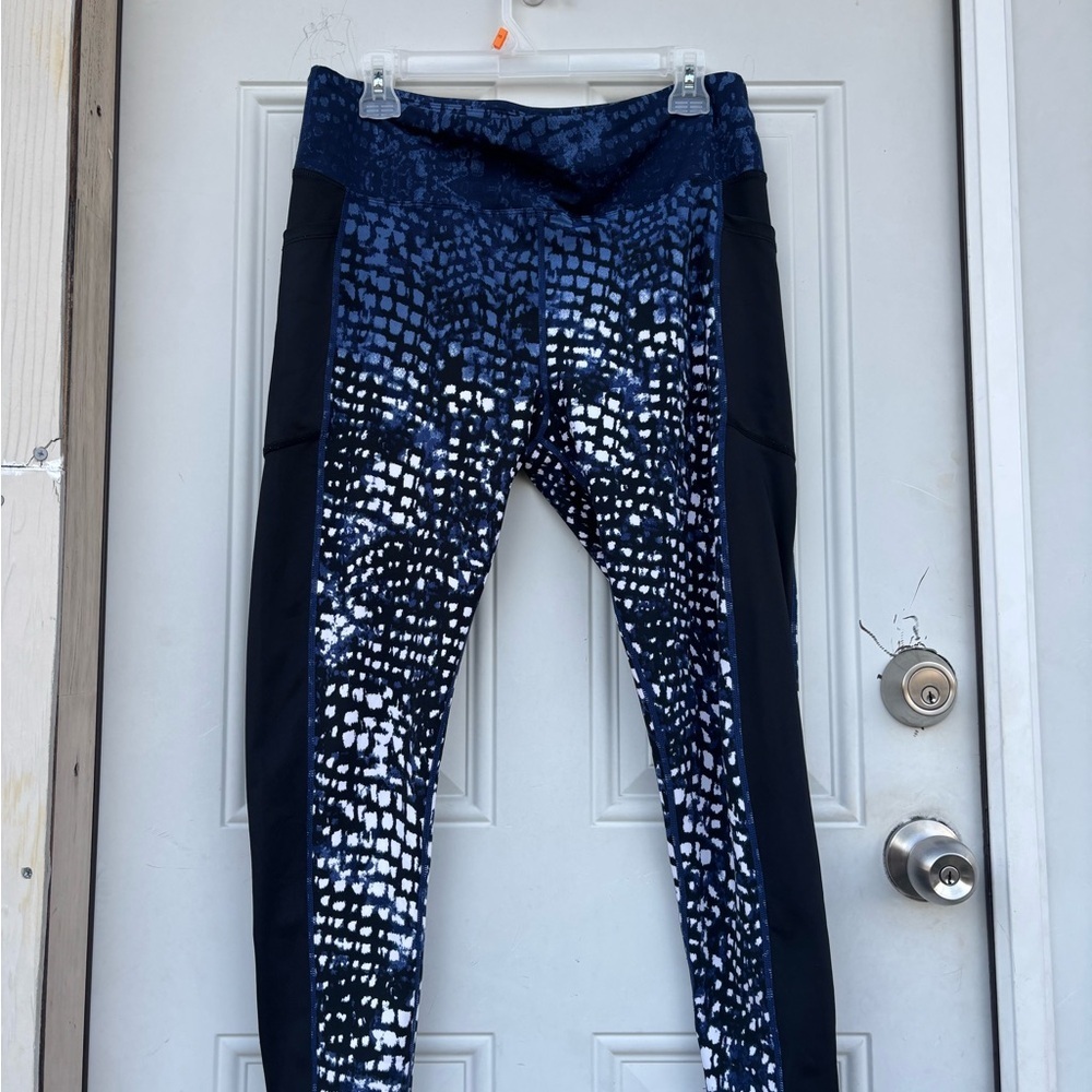 LuLaRoe Navy and White Patterned Kids Leggings with Black Side Panels